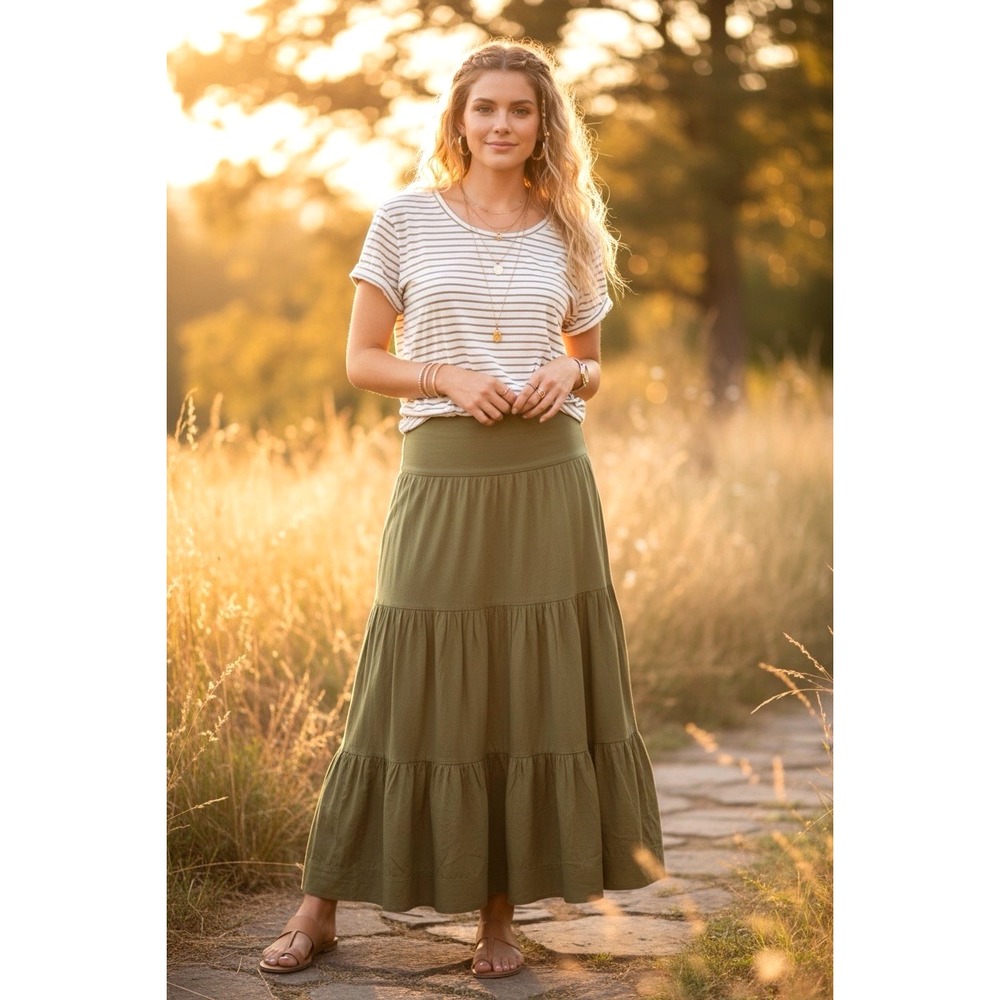 Veronica Beard Jeans Green Striped Tiered Midi Dress Size Large Rolled Cuff Boho